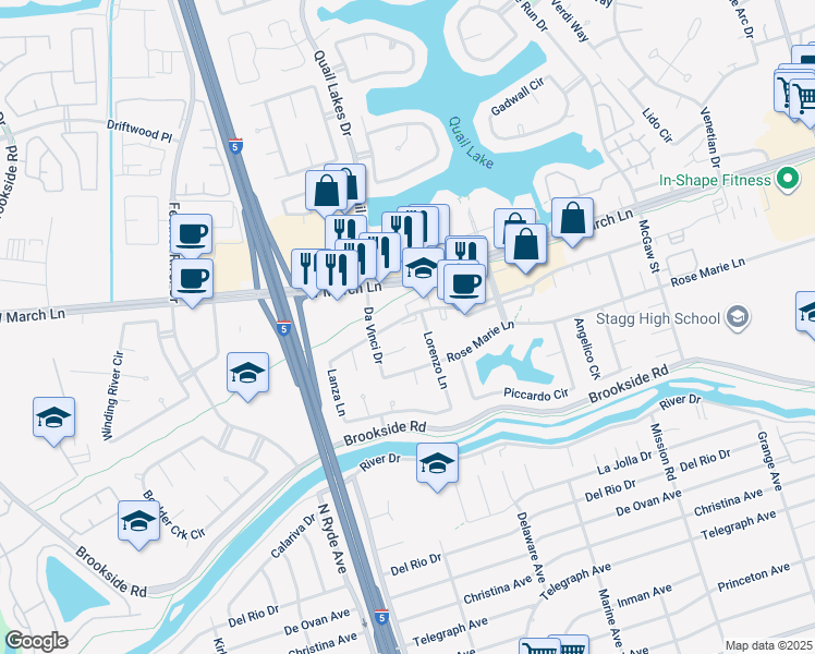 map of restaurants, bars, coffee shops, grocery stores, and more near 2503 Medici Court in Stockton