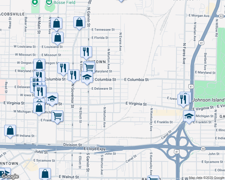map of restaurants, bars, coffee shops, grocery stores, and more near 743 East Delaware Street in Evansville
