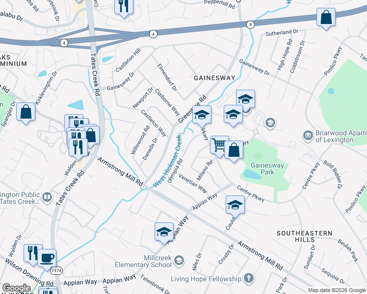 map of restaurants, bars, coffee shops, grocery stores, and more near 3545 Olympia Road in Lexington