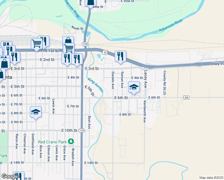 map of restaurants, bars, coffee shops, grocery stores, and more near 522 Daniel Avenue in La Junta