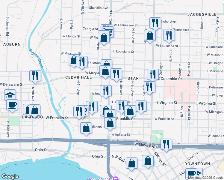 map of restaurants, bars, coffee shops, grocery stores, and more near 1120 West Iowa Street in Evansville