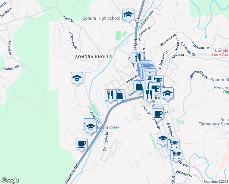 map of restaurants, bars, coffee shops, grocery stores, and more near 259 Yaney Avenue in Sonora