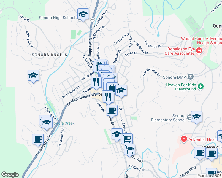 map of restaurants, bars, coffee shops, grocery stores, and more near 37 Theall Street in Sonora
