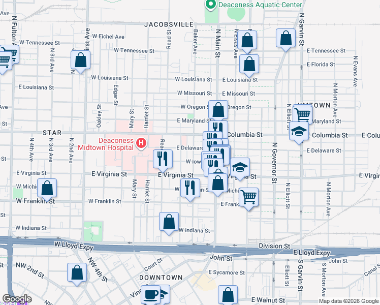 map of restaurants, bars, coffee shops, grocery stores, and more near 39A West Iowa Street in Evansville