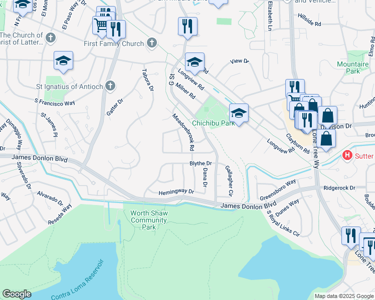 map of restaurants, bars, coffee shops, grocery stores, and more near 3304 Fraser Road in Antioch