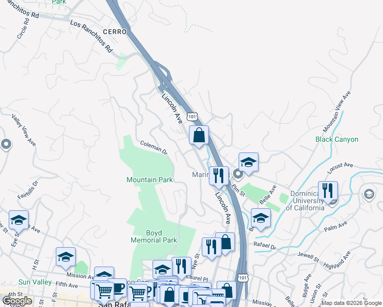 map of restaurants, bars, coffee shops, grocery stores, and more near 1579 Lincoln Avenue in San Rafael