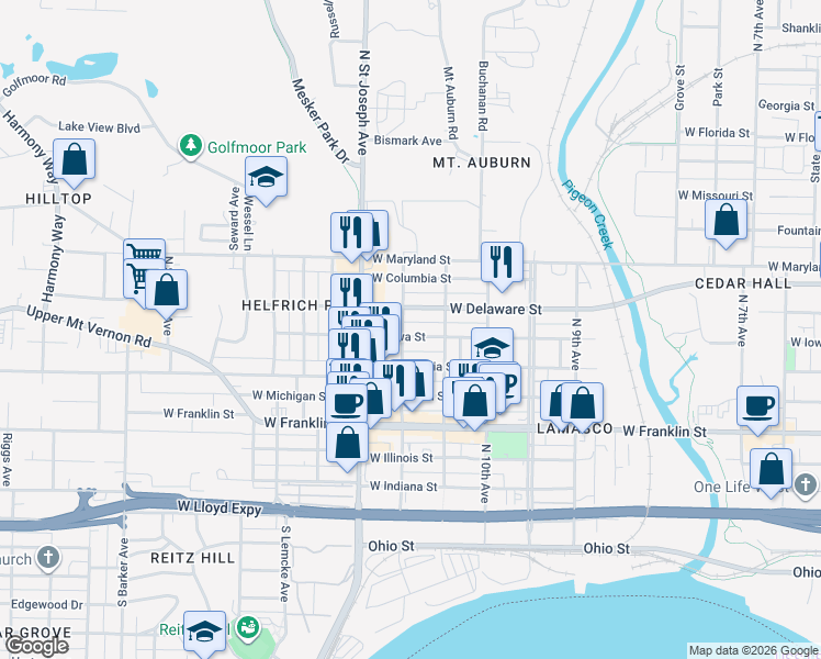 map of restaurants, bars, coffee shops, grocery stores, and more near 2226 West Iowa Street in Evansville