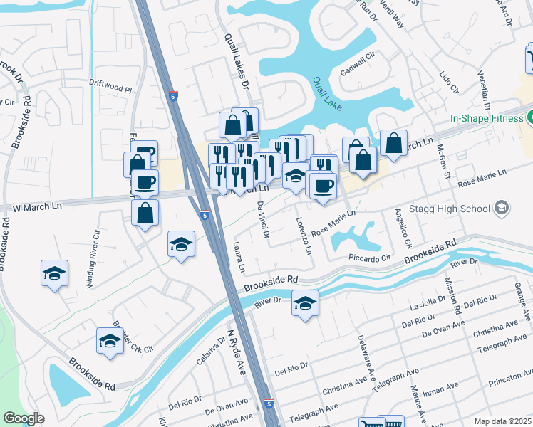 map of restaurants, bars, coffee shops, grocery stores, and more near 2575 Grand Canal Boulevard in Stockton