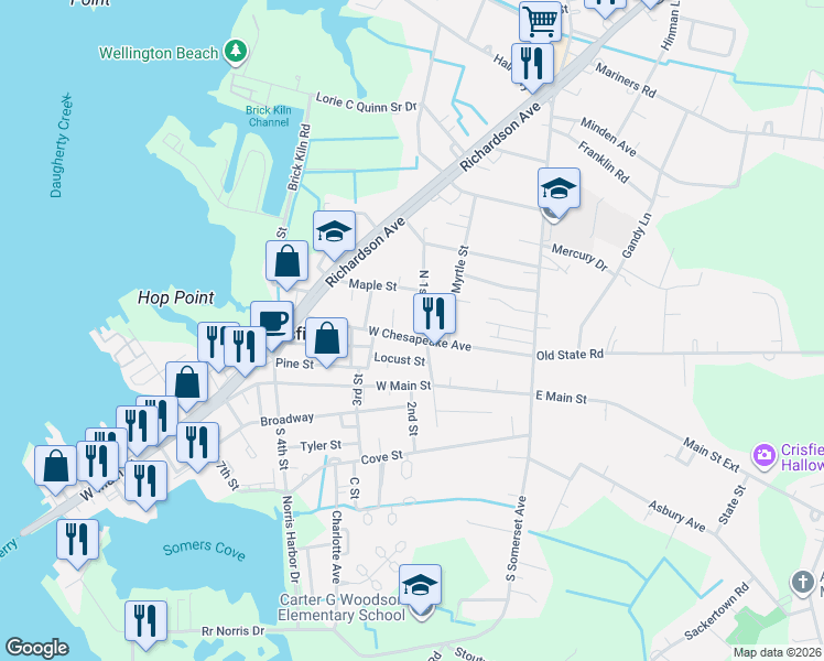 map of restaurants, bars, coffee shops, grocery stores, and more near 105 North 1st Street in Crisfield