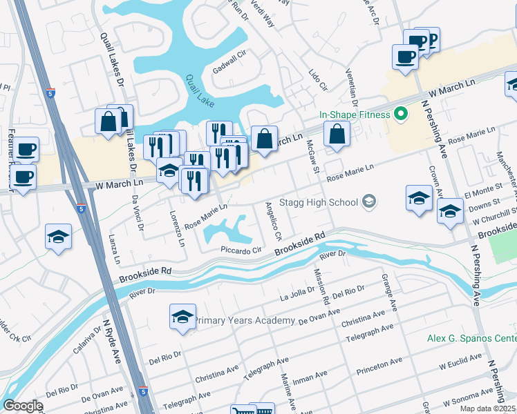 map of restaurants, bars, coffee shops, grocery stores, and more near 2110 Piccardo Circle in Stockton