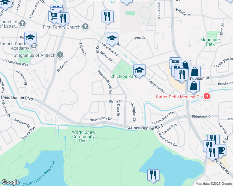 map of restaurants, bars, coffee shops, grocery stores, and more near 3212 Blythe Drive in Antioch