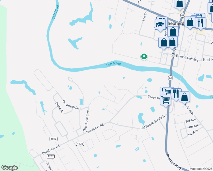 map of restaurants, bars, coffee shops, grocery stores, and more near 214 Crooked Oak Court in Shepherdsville