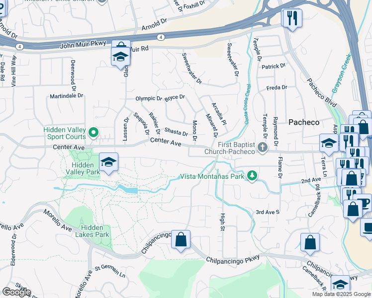 map of restaurants, bars, coffee shops, grocery stores, and more near 2236 Center Avenue in Martinez