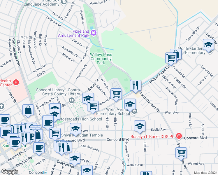 map of restaurants, bars, coffee shops, grocery stores, and more near 1954 North 6th Street in Concord