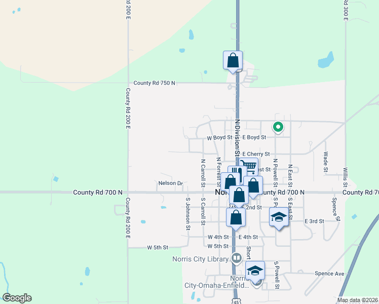 map of restaurants, bars, coffee shops, grocery stores, and more near 400 North Liberty Street in Norris City