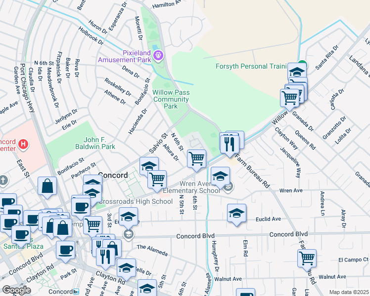map of restaurants, bars, coffee shops, grocery stores, and more near 1954 North 6th Street in Concord