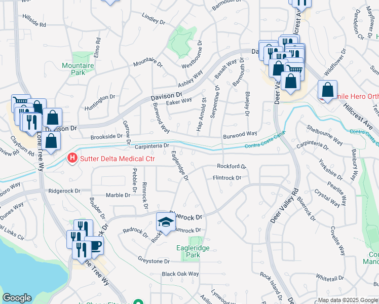 map of restaurants, bars, coffee shops, grocery stores, and more near 720 Topaz Court in Antioch
