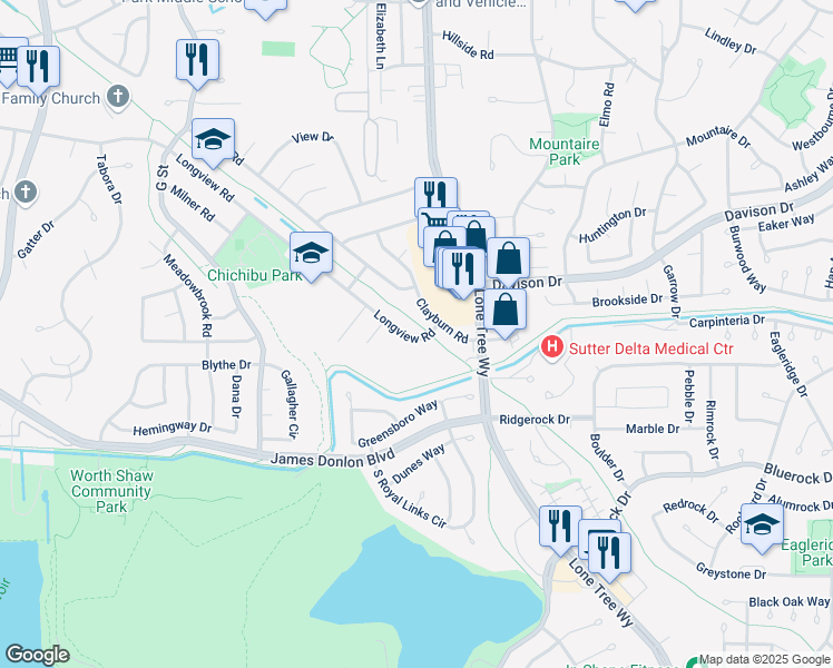 map of restaurants, bars, coffee shops, grocery stores, and more near 3630 Longview Road in Antioch