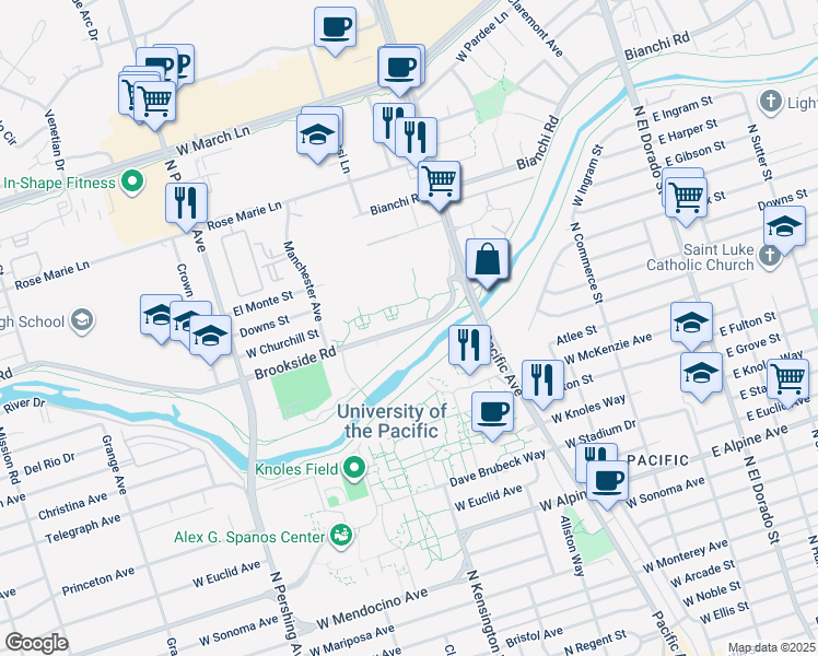 map of restaurants, bars, coffee shops, grocery stores, and more near 751 Brookside Road in Stockton