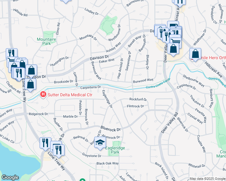 map of restaurants, bars, coffee shops, grocery stores, and more near 720 Topaz Court in Antioch