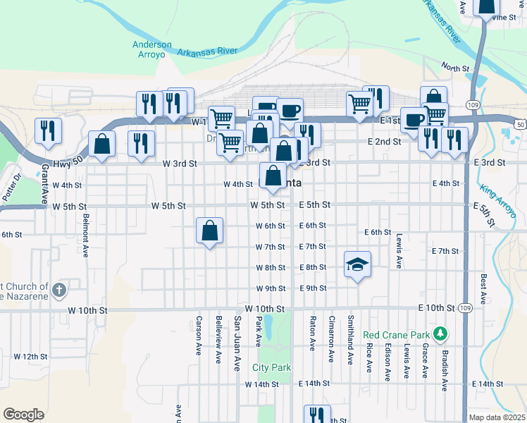 map of restaurants, bars, coffee shops, grocery stores, and more near 109 West 6th Street in La Junta