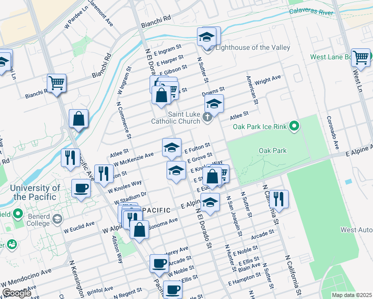 map of restaurants, bars, coffee shops, grocery stores, and more near 3608 North El Dorado Street in Stockton
