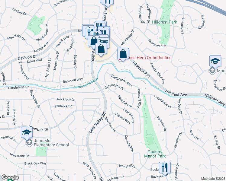 map of restaurants, bars, coffee shops, grocery stores, and more near 2313 Pearlite Court in Antioch