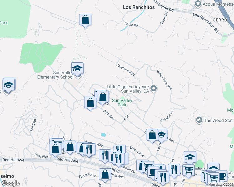 map of restaurants, bars, coffee shops, grocery stores, and more near 162 Solano Street in San Rafael