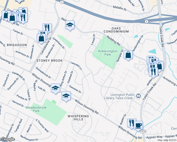 map of restaurants, bars, coffee shops, grocery stores, and more near 3425 Camelot Drive in Lexington