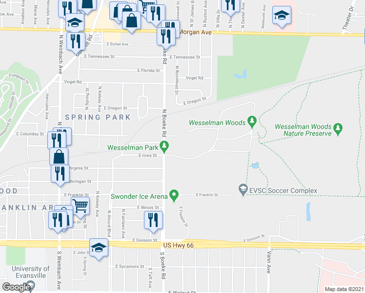 map of restaurants, bars, coffee shops, grocery stores, and more near 601 N Boeke Rd in Evansville