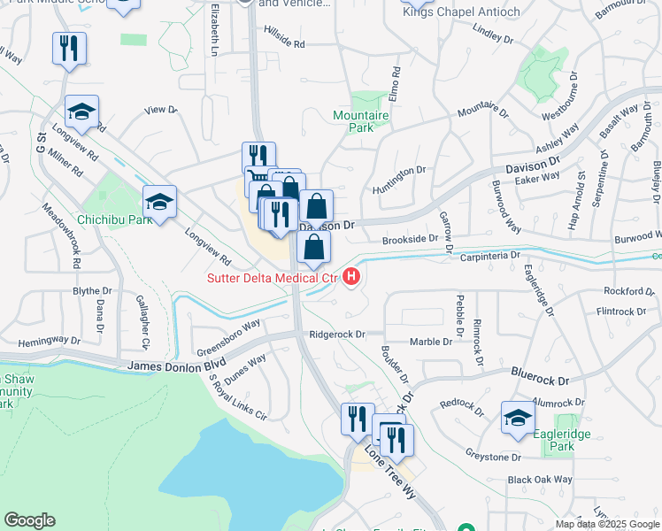 map of restaurants, bars, coffee shops, grocery stores, and more near 3731 Sunset Lane in Antioch