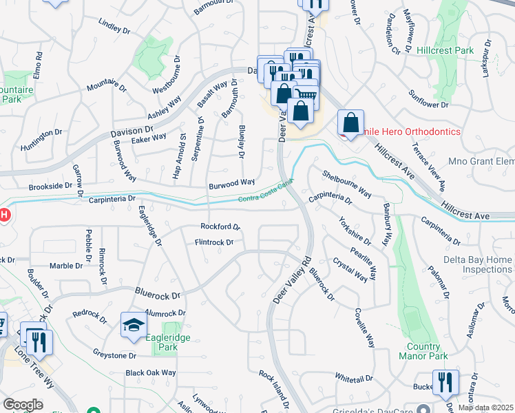 map of restaurants, bars, coffee shops, grocery stores, and more near 2005 Carpinteria Drive in Antioch