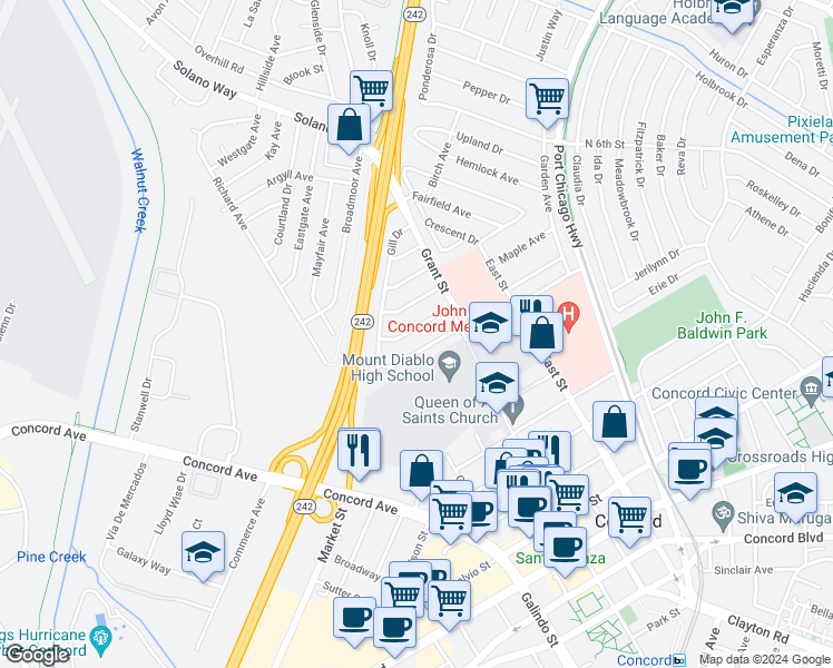 map of restaurants, bars, coffee shops, grocery stores, and more near 2142 Ann Street in Concord