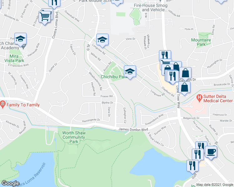 map of restaurants, bars, coffee shops, grocery stores, and more near 3325 G Street in Antioch