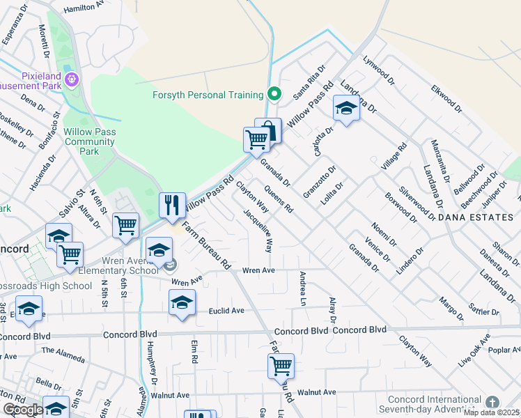 map of restaurants, bars, coffee shops, grocery stores, and more near 1887 Clayton Way in Concord