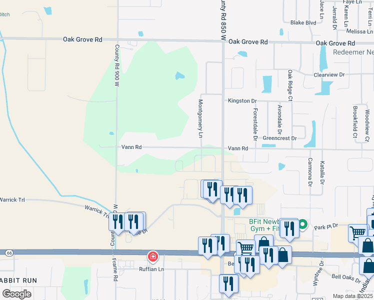 map of restaurants, bars, coffee shops, grocery stores, and more near 8699 South Vann Road in Newburgh