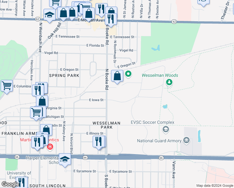 map of restaurants, bars, coffee shops, grocery stores, and more near 601 North Boeke Road in Evansville