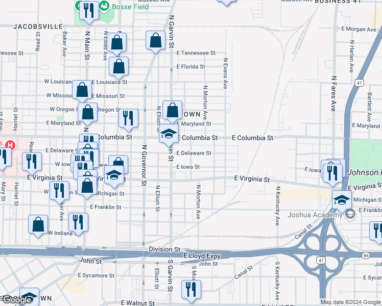 map of restaurants, bars, coffee shops, grocery stores, and more near 700 Sherman Street in Evansville