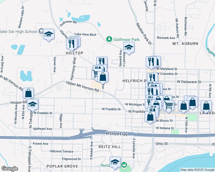 map of restaurants, bars, coffee shops, grocery stores, and more near 2727-2729 Upper Mount Vernon Road in Evansville