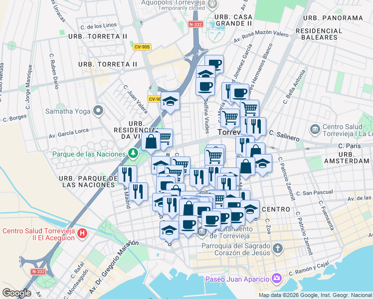 map of restaurants, bars, coffee shops, grocery stores, and more near 4 Ronda D. Ricardo Lafuente Aguado in Torrevieja