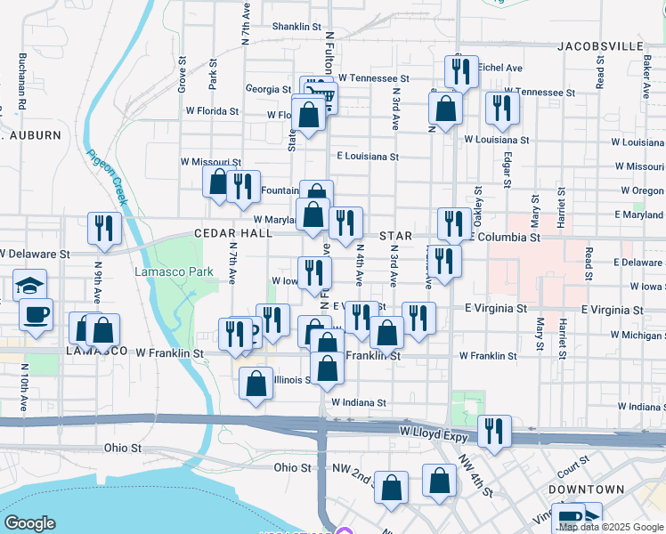 map of restaurants, bars, coffee shops, grocery stores, and more near 1120 West Iowa Street in Evansville
