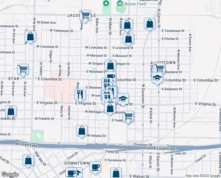 map of restaurants, bars, coffee shops, grocery stores, and more near 600 North Main Street in Evansville
