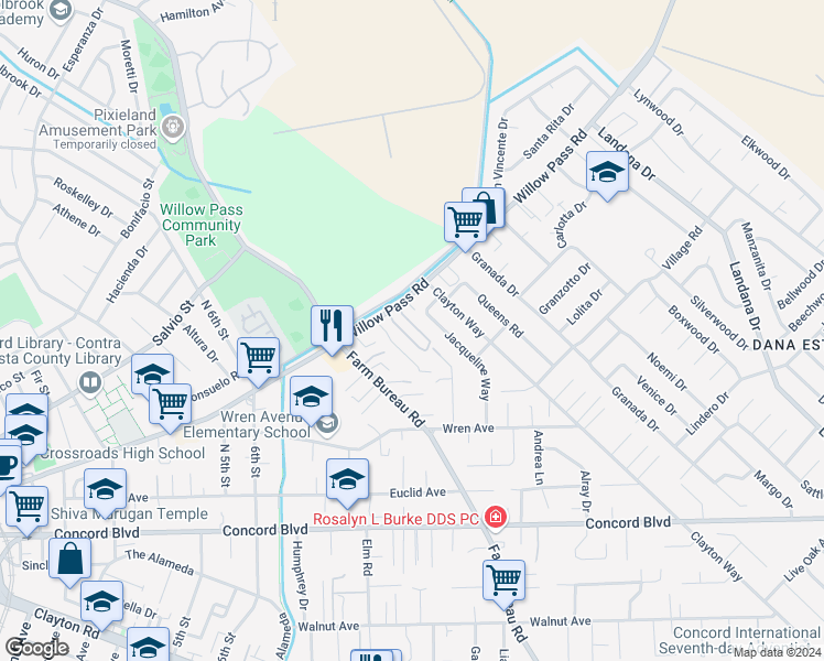 map of restaurants, bars, coffee shops, grocery stores, and more near 3466 Willow Pass Road in Concord
