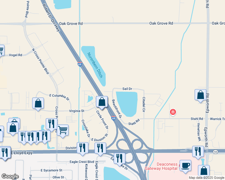 map of restaurants, bars, coffee shops, grocery stores, and more near 28 Sail Drive in Evansville