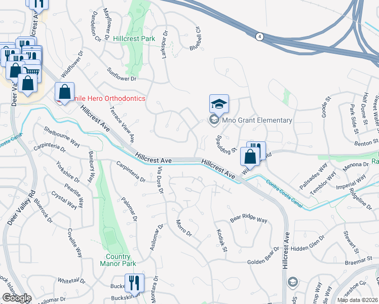 map of restaurants, bars, coffee shops, grocery stores, and more near 2838 Winding Lane in Antioch