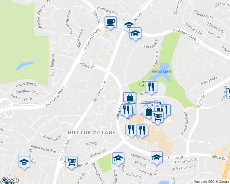 map of restaurants, bars, coffee shops, grocery stores, and more near 2744 East Court in Richmond