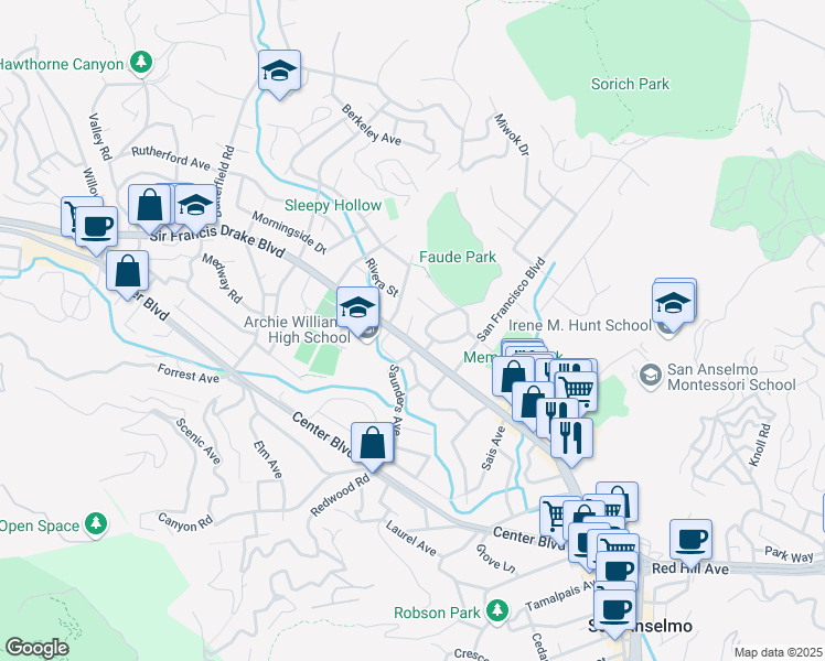 map of restaurants, bars, coffee shops, grocery stores, and more near 266 Saunders Avenue in San Anselmo
