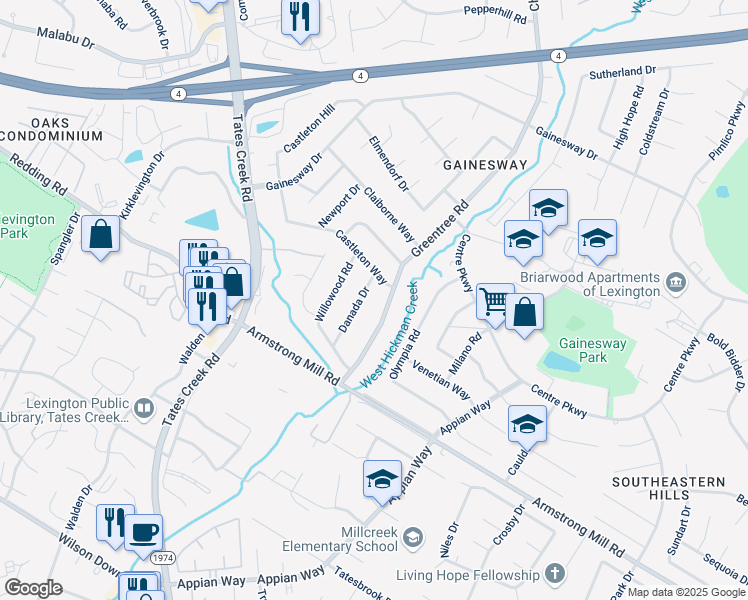 map of restaurants, bars, coffee shops, grocery stores, and more near 3523 Greentree Road in Lexington