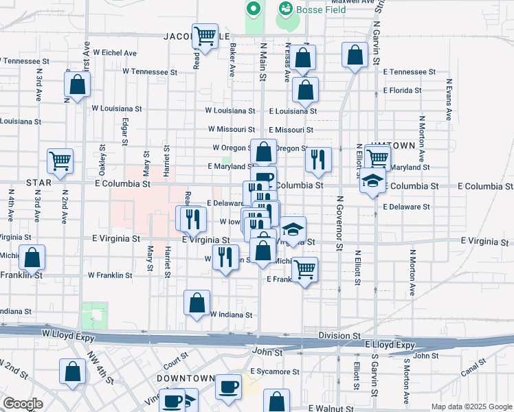 map of restaurants, bars, coffee shops, grocery stores, and more near 600 North Main Street in Evansville