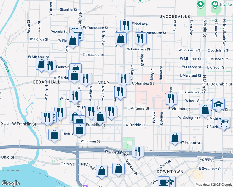 map of restaurants, bars, coffee shops, grocery stores, and more near in Evansville